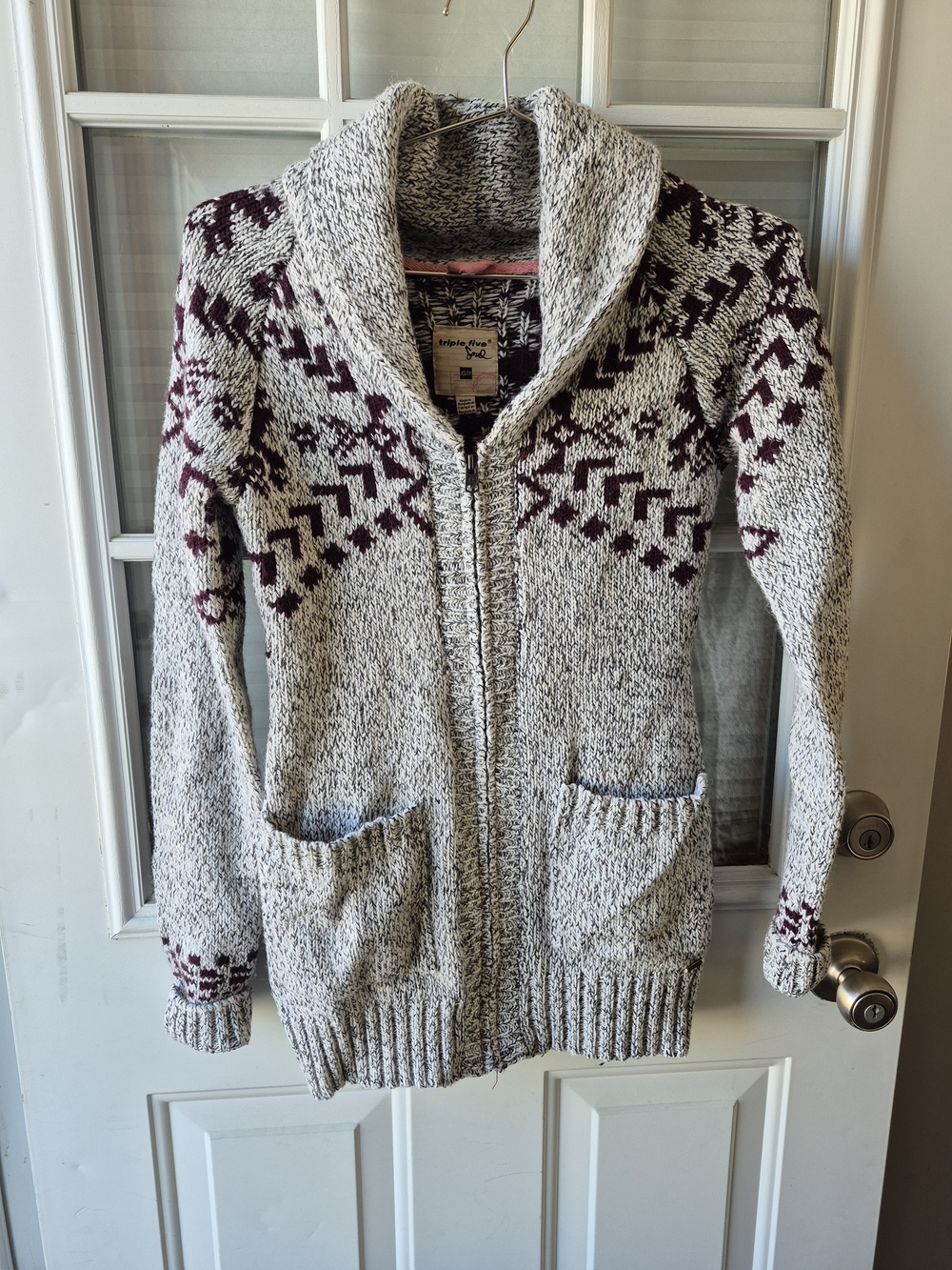 Triple Five Soul Cream and Burgundy Zip Shawl Collar Cardigan